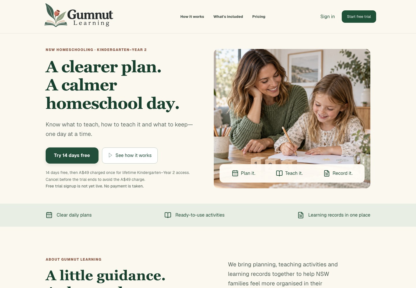 Gumnut Learning homepage